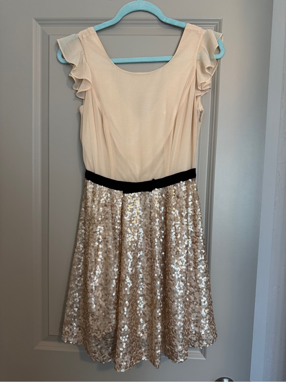 Forever 21 Cream and Gold Sequin Fit-and-Flare Dress with Black Waist